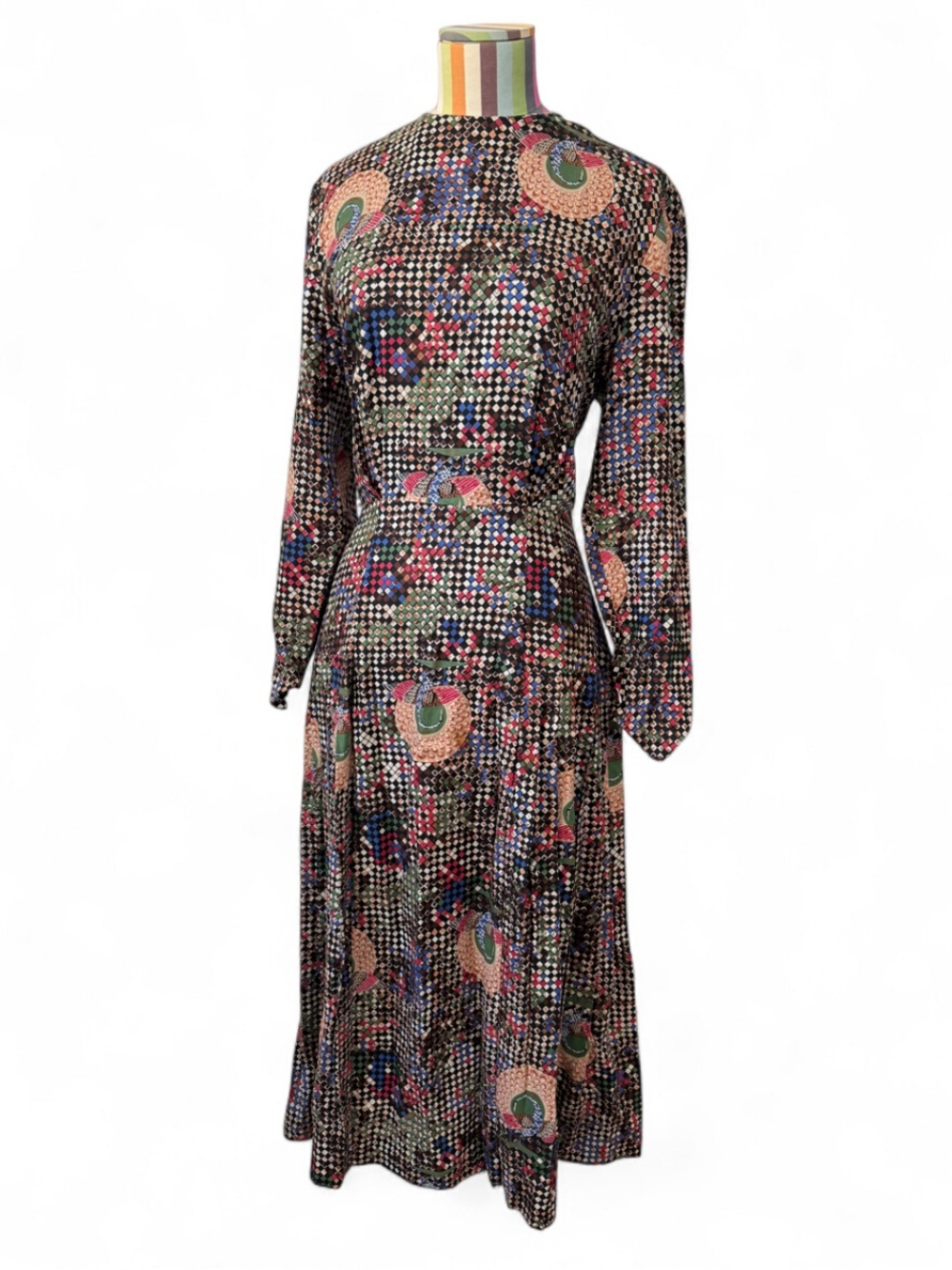 Vintage Joan Leslie Checkered Print Long Sleeve Dress w/ Birds